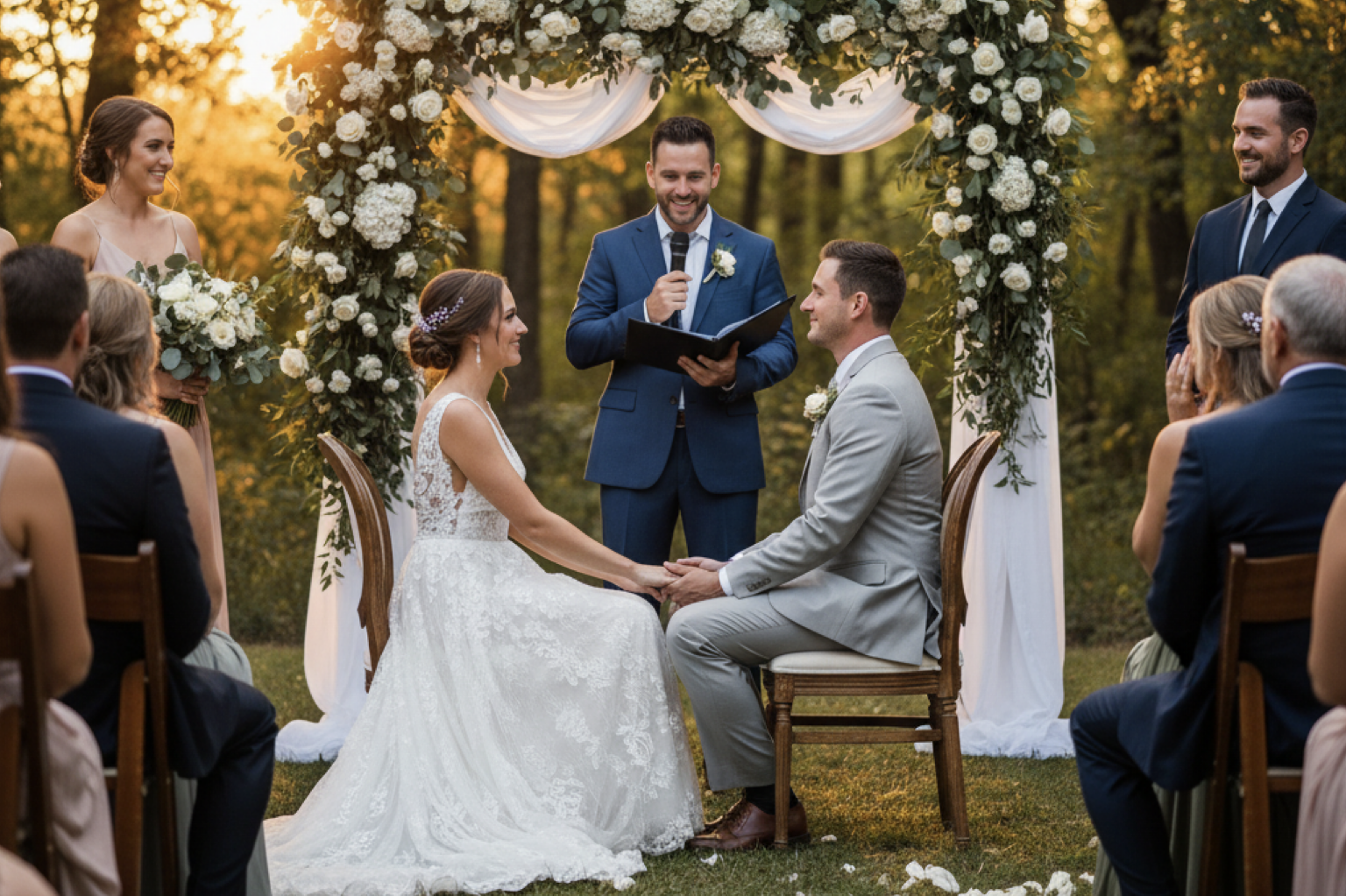 Ein Mann in einem hellen Anzug hält ein Mikrofon und eine Bibel bei einer Zeremonie.