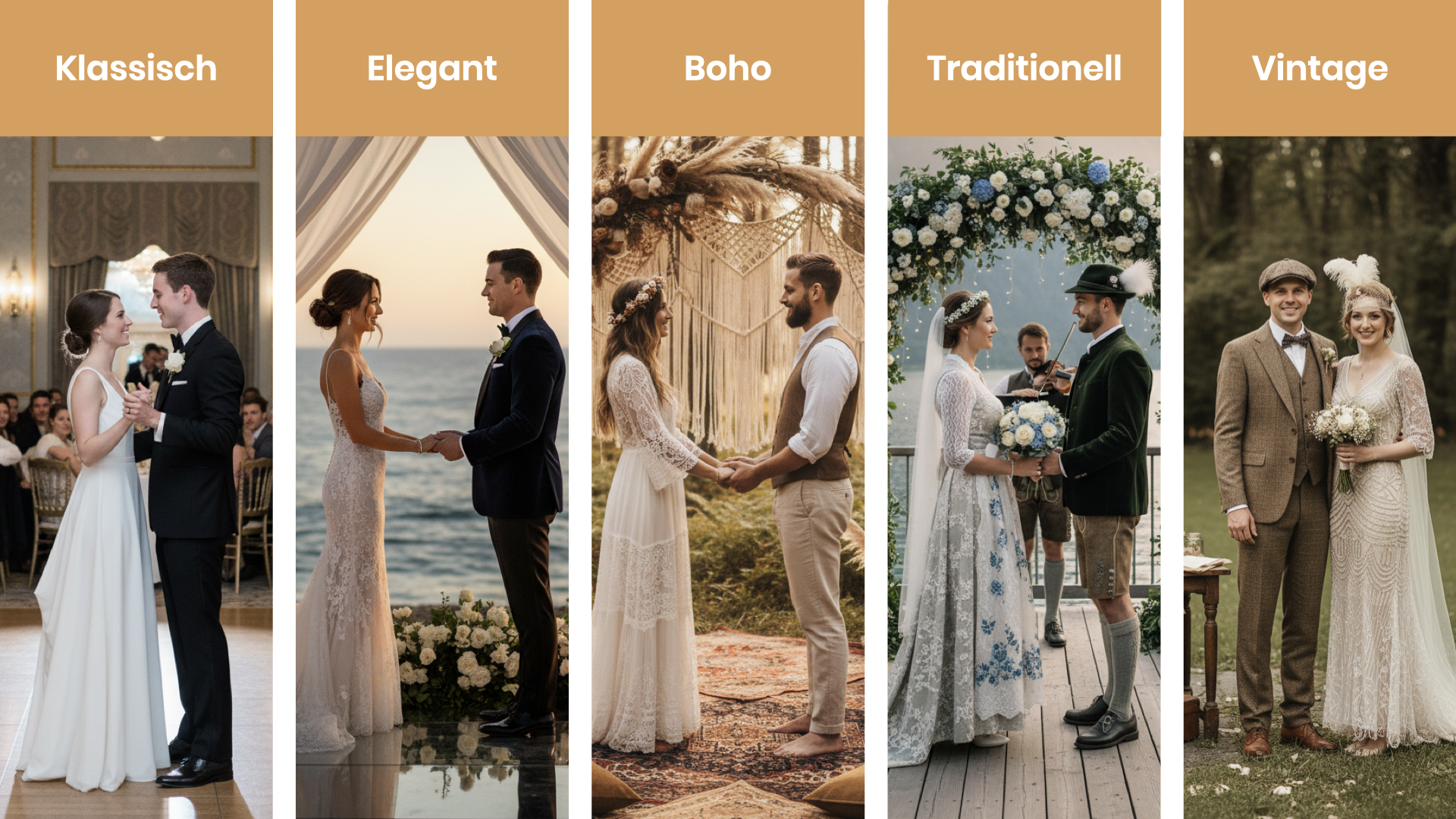 Brautpaare in verschiedenen Hochzeitsstilen: Standard, Elegant, Traditionell, Vintage.