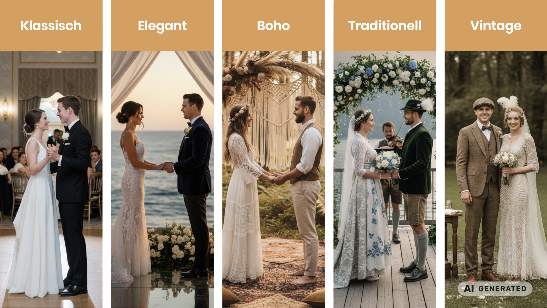 Brautpaare in verschiedenen Hochzeitsstilen: Standard, Elegant, Traditionell, Vintage.