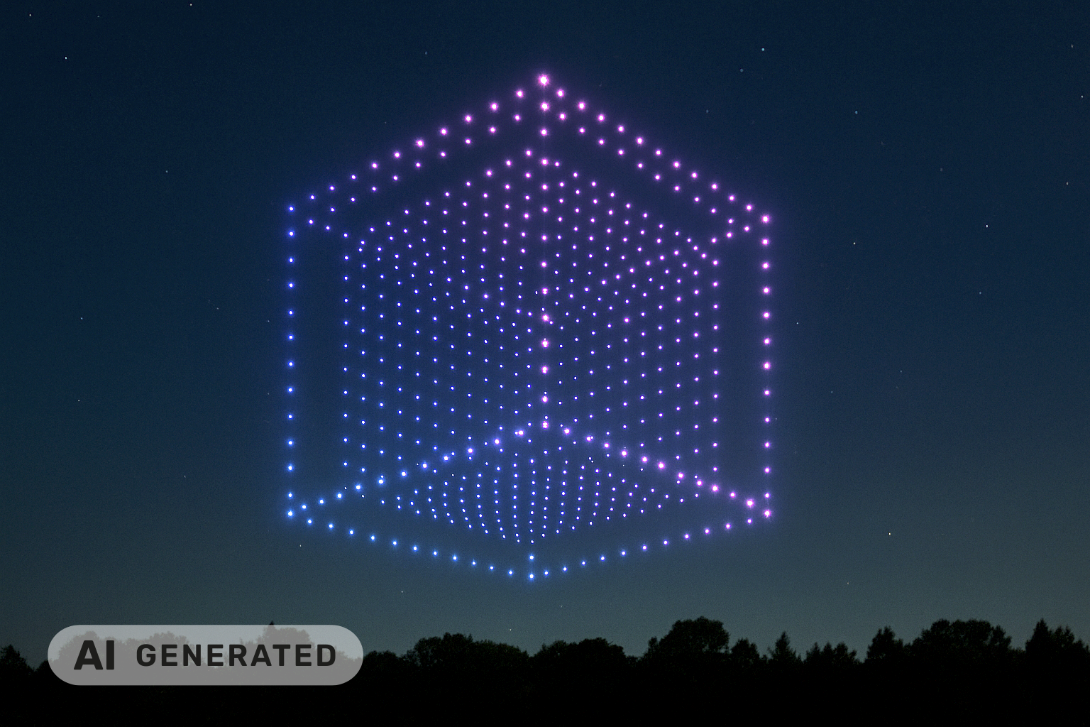 Abstrakte 3D-Würfelstruktur aus pinken und blauen Punkten vor einem nächtlichen Himmel.