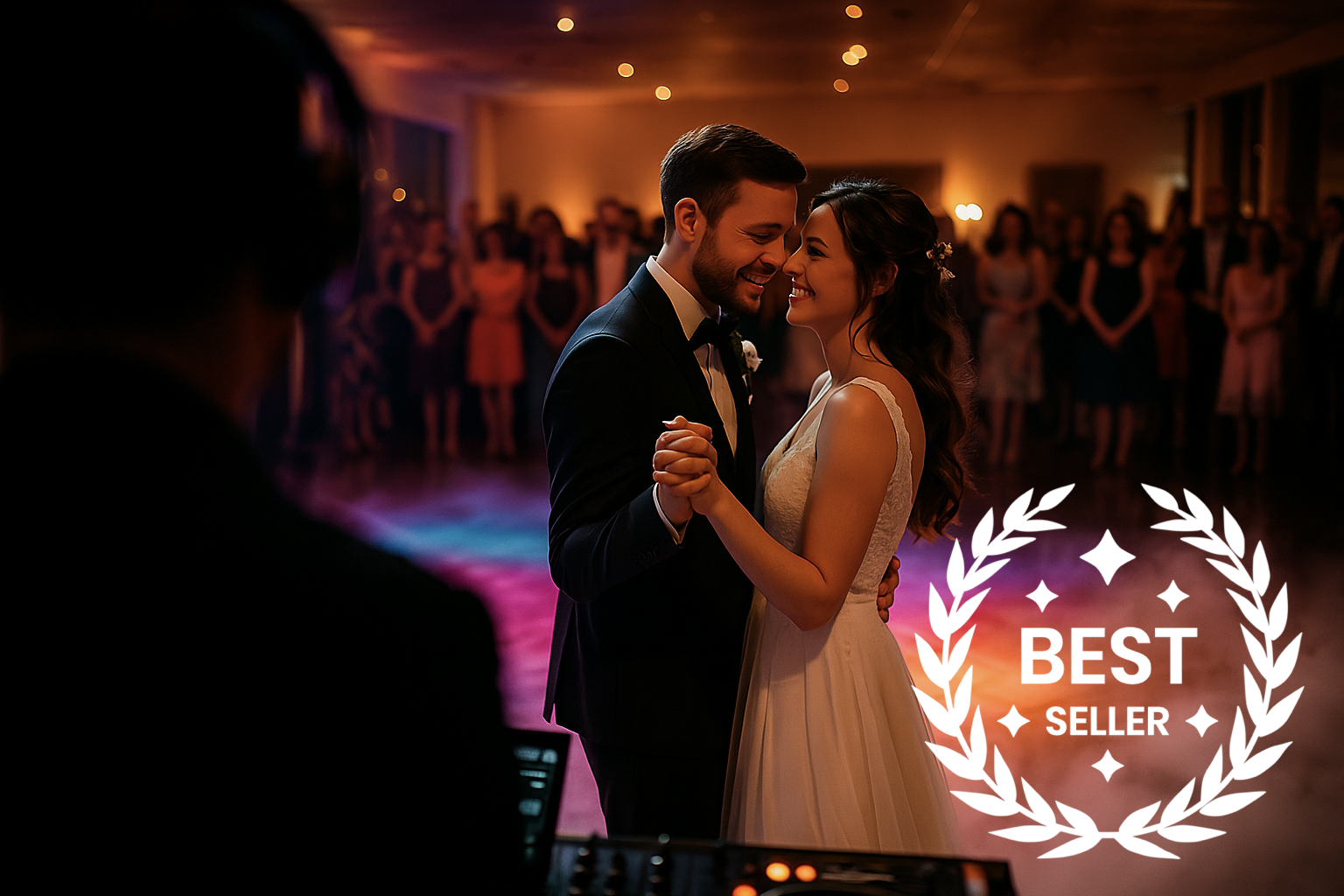 Brautpaar tanzt verliebt auf der Tanzfläche bei einer Hochzeit, mit Gästen im Hintergrund.