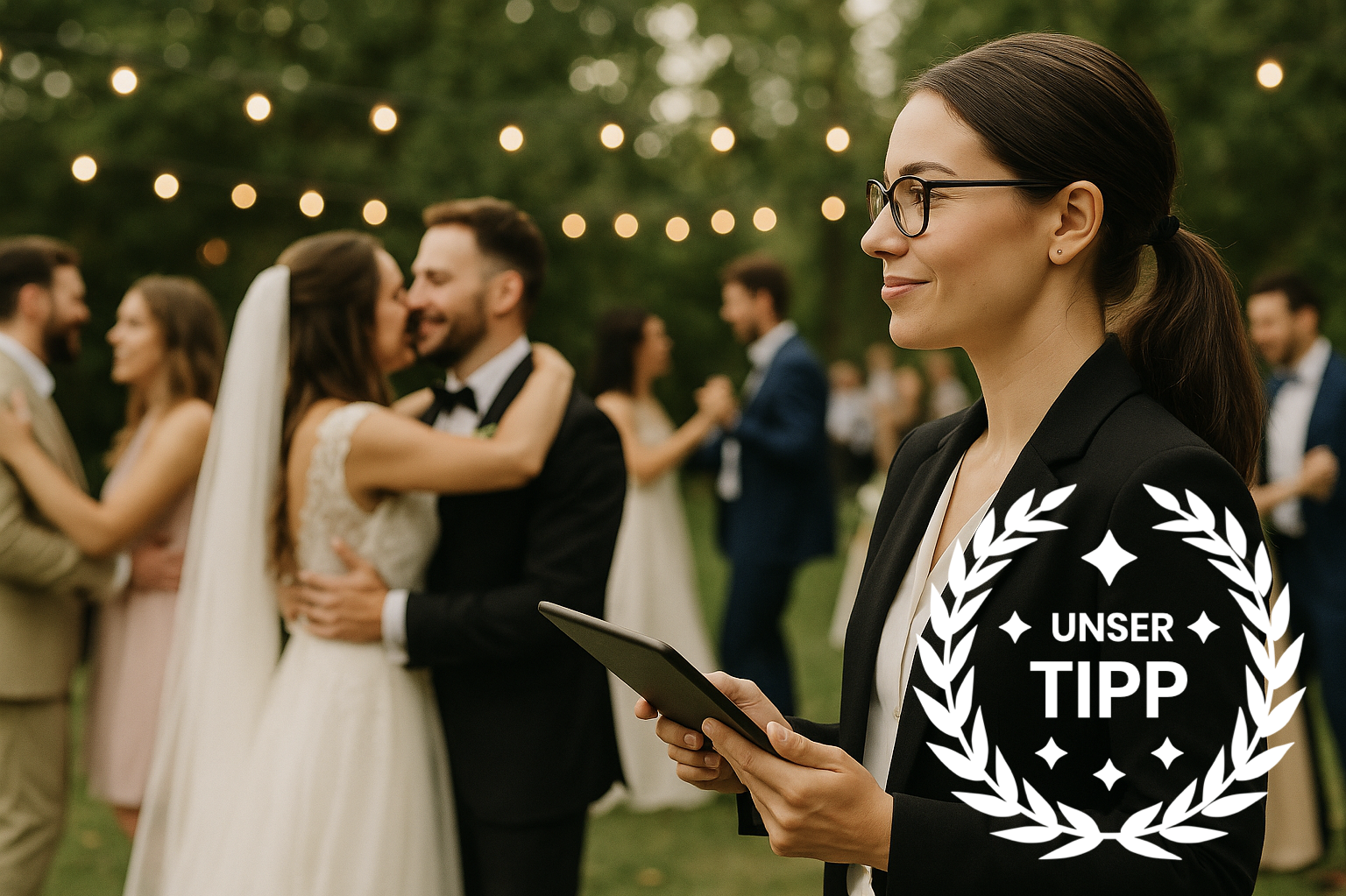 Hochzeitsfeier im Freien mit tanzenden Paaren und einer Frau mit Tablet.